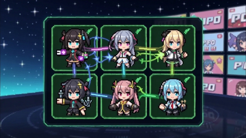 VTuber����RPG���ݱ�ӽ��棬����չʾһ������������壬ÿ�����ӷ���һλ���ط������������ɫ����ɫ֮���в�ɫ���ߴ����Ч�����������ǿ���ֱ����Ļǽ��ɫ����������ӫ����Ϊ�����Ƽ��������Ԫ�����
