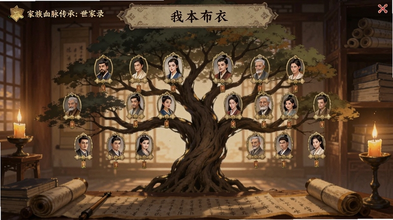 我本布衣:世家录 家族血脉传承界面,画面中央是一棵巨大的家族树,枝干上挂着不同代际的人物头像,背景区域为古代书房与卷轴,暖色烛光,国风细腻插画风格,适配Boogu模型生成