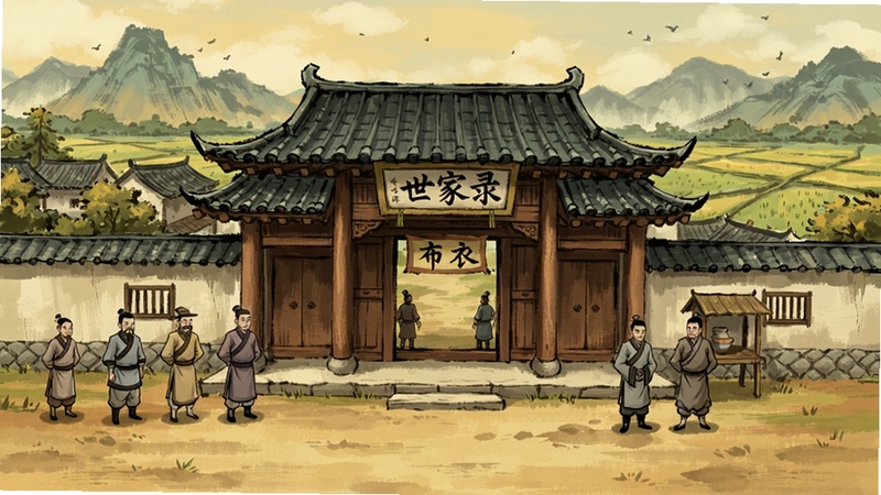 我本布衣:世家录 游戏主界面全景展示,画面中央是古代中式宅院大门与匾额,两侧有族人与仆从站立,背景区域为远山与农田,整体色调为暖黄与青灰,国风手绘风格,细节丰富,适配Boogu模型生成