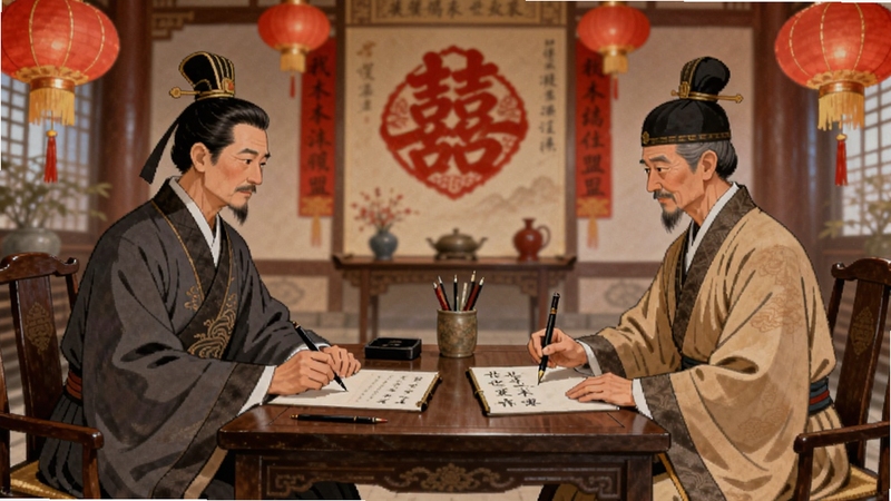 我本布衣:世家录 联姻结盟场景,画面中央是两家古代世家代表在厅堂中对坐签约,背景区域为红灯笼与喜字装饰,人物服饰考究,国风工笔风格,适配Boogu模型生成