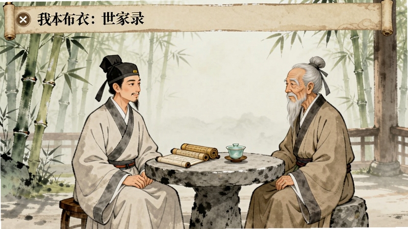 我本布衣:世家录 游戏问答界面,画面中央是古代书生与老者对话场景,背景区域为竹林与石桌,桌上放着书卷与茶杯,国风淡彩风格,适配Boogu模型生成