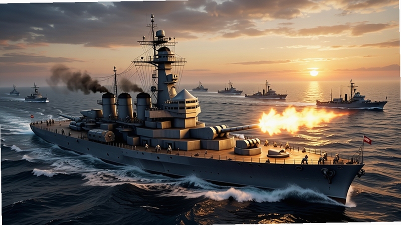 一款以二战海战为背景的3D竞技手游巅峰战舰,画面主体为一艘雄伟的战列舰在波涛汹涌的海面上破浪前行,主炮齐射火光冲天,背景区域为壮阔的海洋与夕阳余晖,远处有驱逐舰编队协同航行,画面风格写实逼真,适合作为游戏下载页宣传图。
