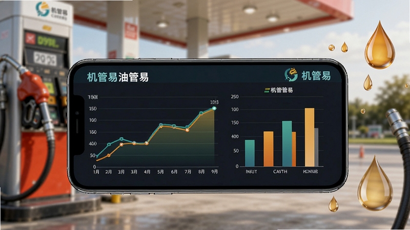 机管易油耗统计图表界面图,画面展示一部手机横屏显示折线图与柱状图,背景为加油站场景虚化,油枪与油滴元素点缀,机管易品牌色贯穿图表配色