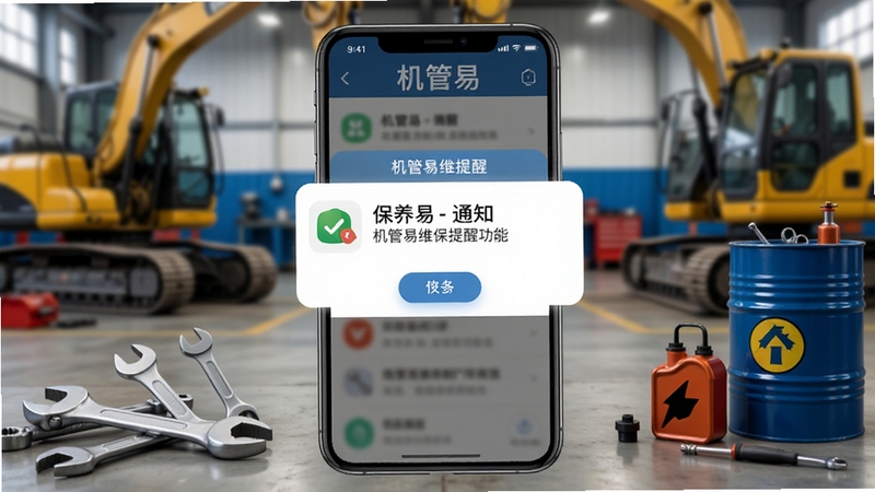 机管易维保提醒功能界面图,画面中央手机弹出保养通知卡片,背景为工程机械维修车间,扳手与机油桶等元素点缀,机管易软件名称在通知栏中醒目展示