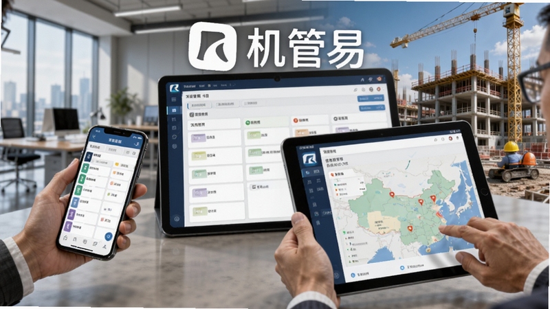 机管易项目协同管理界面图,画面展示多人通过手机与平板进行协作,屏幕显示项目看板与设备分布地图,背景为现代化办公环境与工地场景融合,机管易软件标志位于画面显眼位置