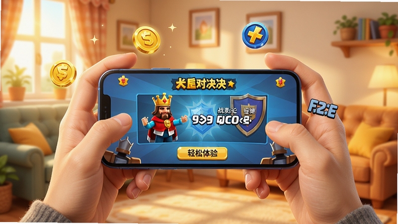 一位玩家手持手机,屏幕上显示国王对决的战斗结算界面,周围有金币与经验图标飘浮,背景是温馨的室内环境,整体色调明亮,突出国王对决的免费下载与轻松体验