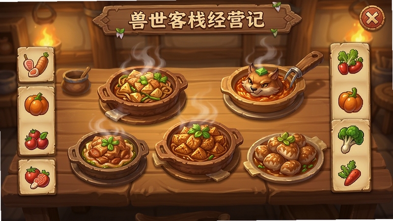 兽世客栈经营记菜品研发界面,展示多种兽世特色美食,木质桌面上摆放着热气腾腾的菜肴,旁边有食材图标,温馨明亮的画风