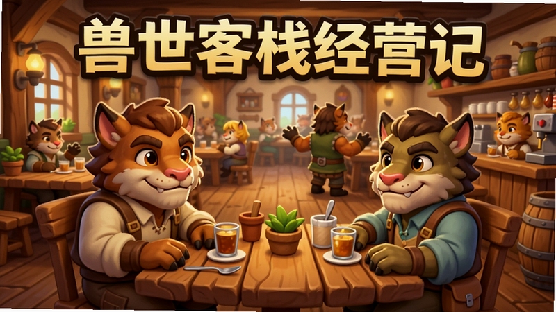 兽世客栈经营记游戏封面,卡通风格兽人客栈场景,前景是可爱的兽人旅客坐在木质餐桌前,背景是热闹的客栈大厅,暖色调,细节丰富
