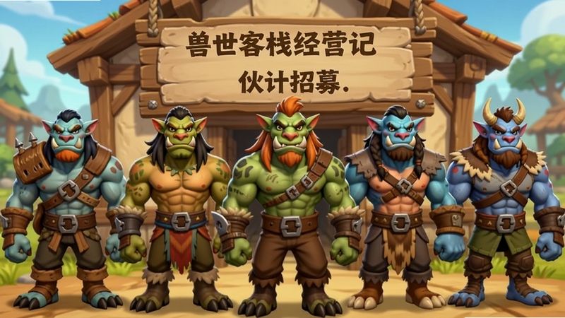 兽世客栈经营记伙计招募界面,多位不同种族的兽人角色站成一排等待招募,背景是客栈招聘告示牌,卡通渲染风格