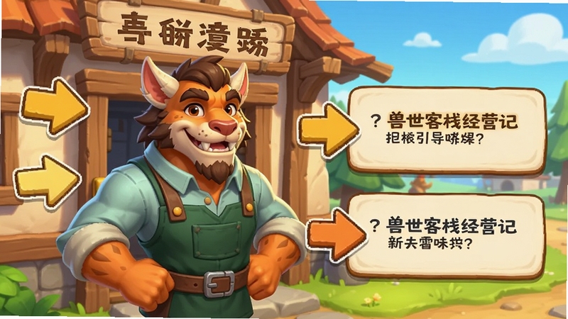 兽世客栈经营记新手引导界面截图风格,卡通兽人掌柜站在客栈门口,旁边有指引箭头和提示框,整体明亮友好