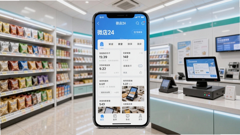 微店24 软件主界面与云值守管理功能展示图,画面中央为手机屏幕显示微店24应用首页,背景为现代便利店货架与收银台场景,明亮整洁,科技感与生活气息结合