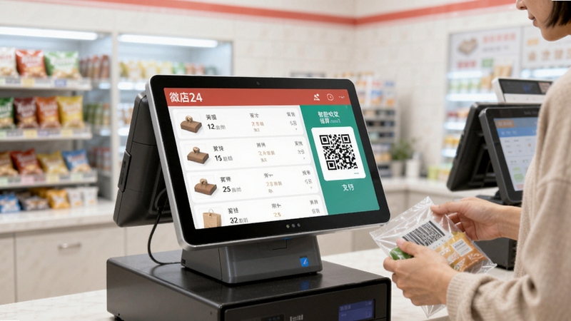 微店24 智能收银结算界面展示图,画面中央为自助收银终端屏幕显示商品列表与支付二维码,旁边有顾客手持商品准备扫码,背景为便利店收银区,光线明亮柔和