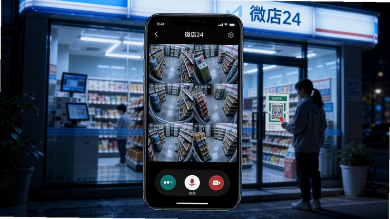 微店24 远程云值守功能展示图,画面主体为一部智能手机显示多路监控画面与语音对讲按钮,背景为夜晚便利店门口,一位顾客正在扫码进店,整体色调偏冷蓝科技风