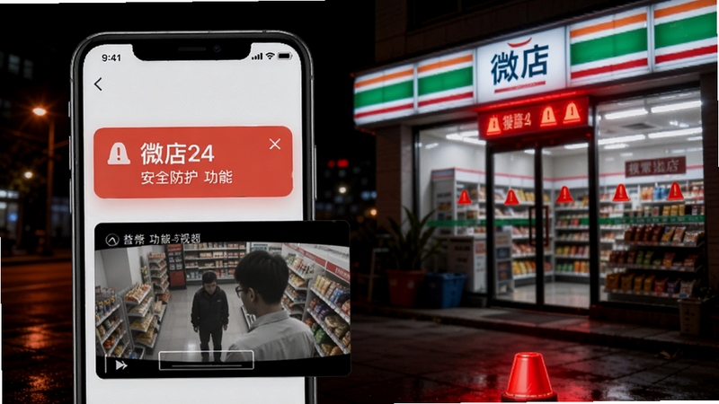 微店24 异常报警与安全防护功能展示图,画面主体为手机屏幕弹出报警通知与视频回放画面,背景为便利店门口夜间场景,带有红色警示光效