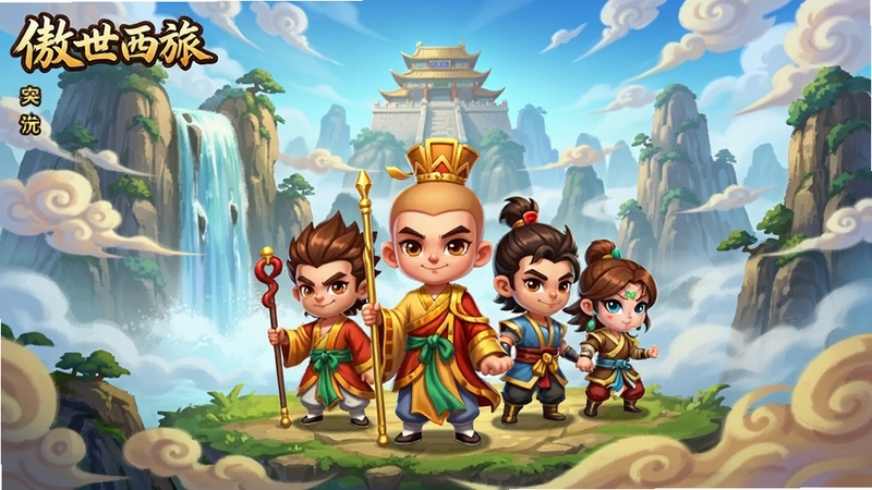 傲世西游游戏主界面全景展示图,画面中央为Q版唐僧师徒四人组队站立,背景为花果山瀑布与祥云环绕,远处可见南天门轮廓,整体色调明亮鲜艳,国风卡通渲染风格