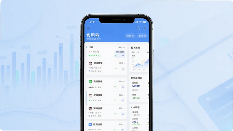 智途旅盟商家端应用主界面展示,画面中央为手机屏幕显示商家管理后台首页,背景区域为浅蓝色渐变商务风格,屏幕内呈现订单列表与数据看板,整体色调清新专业,适配Boogu模型生成