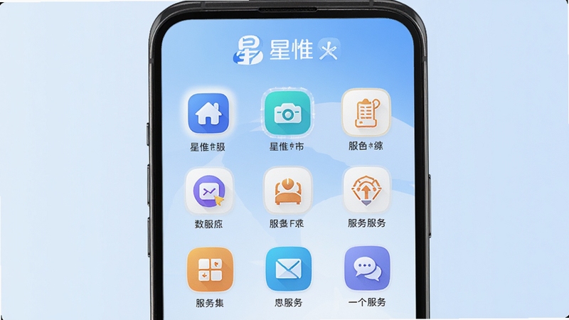 星惟多场景服务聚合界面,画面展示手机屏幕中排列整齐的服务图标网格,每个图标代表不同功能模块,背景为淡蓝色渐变,整体视觉清爽有序,星惟应用标志位于顶部
