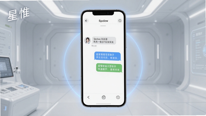 星惟智能问答助手功能展示,画面主体为手机屏幕显示对话气泡界面,用户提问后系统快速回复,背景为浅灰色科技感空间,屏幕周围有柔和光效,星惟名称清晰可见