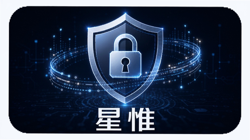 星惟数据安全保障概念图,画面中央为盾牌图标与锁形元素,周围环绕数据流线条,背景为深蓝色科技风格,星惟名称以白色字体显示在盾牌下方