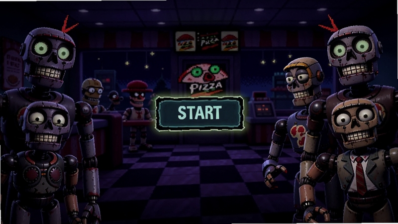 FNAF������ͬ����Ʒ��Ϸ������չʾ�������ж����е��ż��ɫ�����ڲ˵����࣬�����з���Ŀ�ʼ��ť�����������ط���������ҹ��������ɫ���԰���������Ϊ�������и��ſֲ���Ϸ�ʸ�