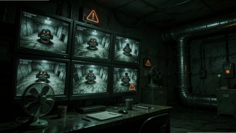 FNAF������ͬ����Ʒ����ҳ�������������Ϊ�����Ļ��ʾ�������ͷ���棬��Ļǰ�а칫������ȣ����������Ǻڰ���ͨ��ܵ�����Ļ������˸�ľ���ͼ�꣬����ɫ��Ϊ����ɫ���ɫ��ͻ���ֲ���ط�Χ