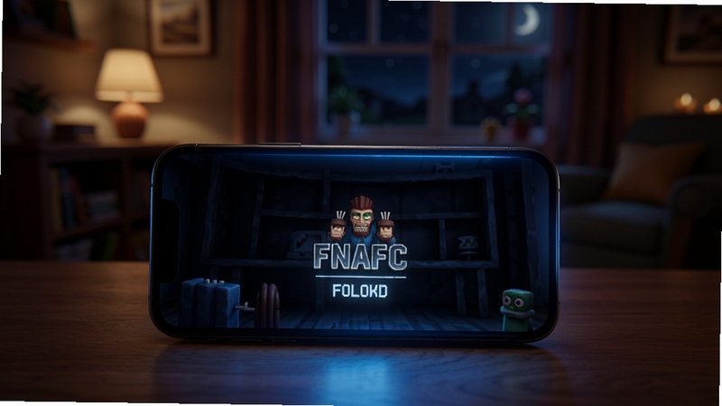 FNAF������ͬ����Ʒ������Ϸģʽչʾ����������Ϊ�ֻ�������������ʾ��Ϸ���ؽ��棬������������ܰ�����ڻ�����������ҹɫ���ֻ���Ļ��������ɫ��â�������Χ����������