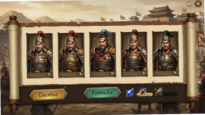 大战国武将招募界面,古代名将立绘排列在卷轴式UI中,背景为战国城池,界面带有招募按钮和碎片进度条,中国风游戏界面设计