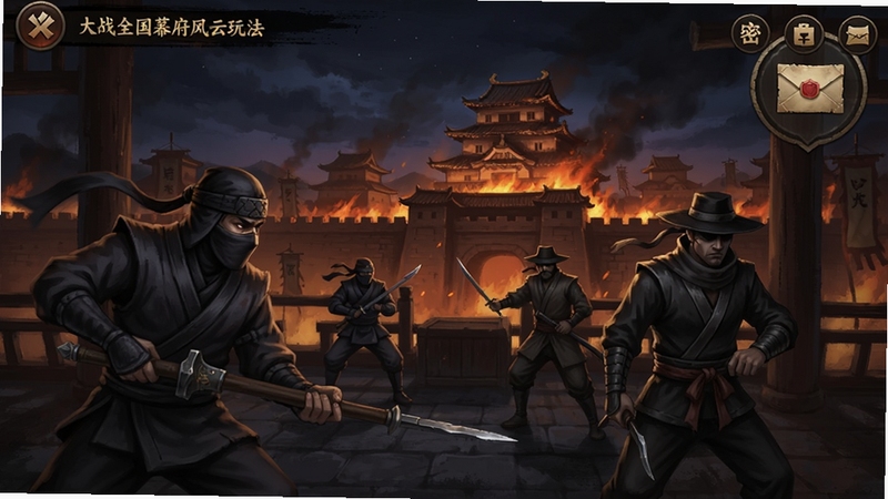 大战国幕府风云玩法界面,古代忍者与密探在夜色中执行任务,背景有燃烧的城池与密信图标,暗色调中国风游戏画面