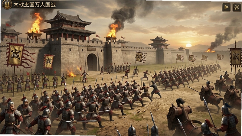 大战国游戏万人国战场景,古代城池攻防战,士兵列阵冲锋,烽火连天,写实策略手游风格