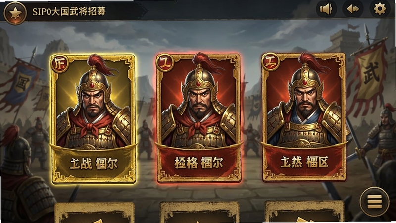 大战国武将招募界面,古代名将立绘展示,金色与红色品质卡牌,策略手游UI风格