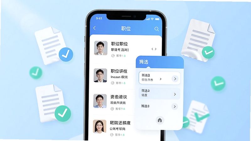 选岗App主界面展示,画面中央是一部智能手机,屏幕上显示职位列表与筛选条件面板,背景为浅蓝色渐变,周围漂浮着文档图标与勾选标记,整体风格简洁明亮,突出公考选岗主题