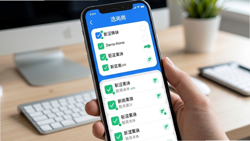 选岗App智能筛选功能展示,手机屏幕上多个筛选条件被勾选,下方职位列表实时刷新,画面色调以蓝白为主,点缀绿色通过标识,背景为办公桌面场景