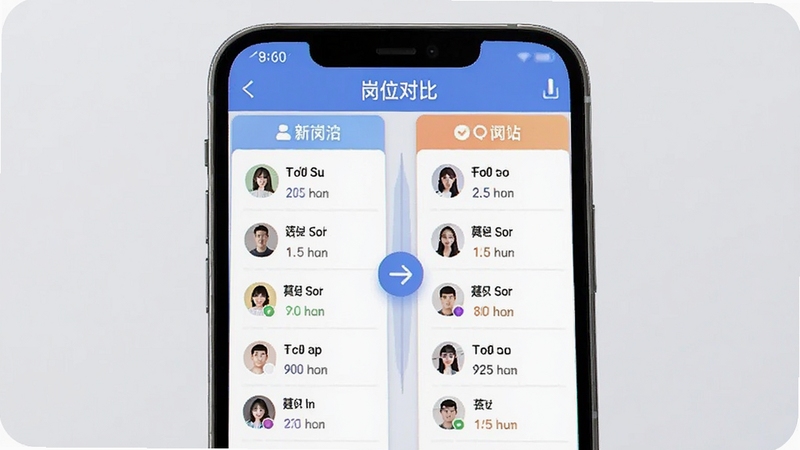 选岗App岗位对比界面,手机屏幕分成左右两栏展示不同岗位的详细信息,中间有对比箭头标识,背景为柔和的浅灰色,整体呈现专业的数据对比氛围