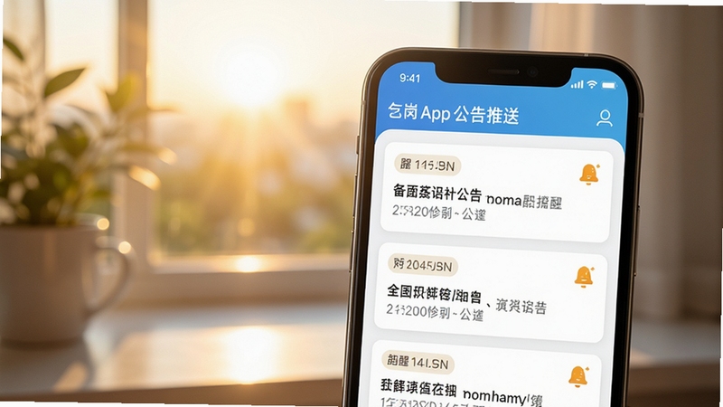 选岗App公告推送界面,手机屏幕上显示多条招考公告卡片,每条卡片带有时间标签和提醒图标,背景为清晨窗边光线,氛围清新自然