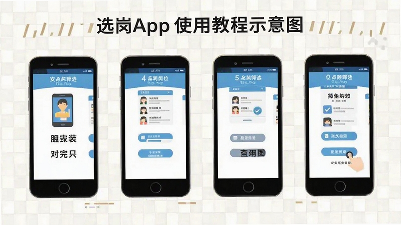 选岗App使用教程示意图,画面展示手机屏幕从安装到筛选岗位的四个步骤,每个步骤配有简洁图标和文字说明,背景为浅色网格,整体风格像一本操作手册