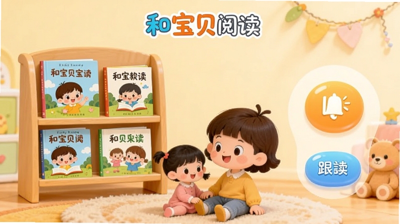 和宝贝阅读软件主界面展示,画面中央为卡通风格的儿童阅读场景,左侧显示绘本封面书架,右侧为互动跟读按钮,背景为柔和的暖色调,顶部标注和宝贝阅读Logo,整体画面明亮温馨,适合家庭亲子场景,适配Boogu模型生成