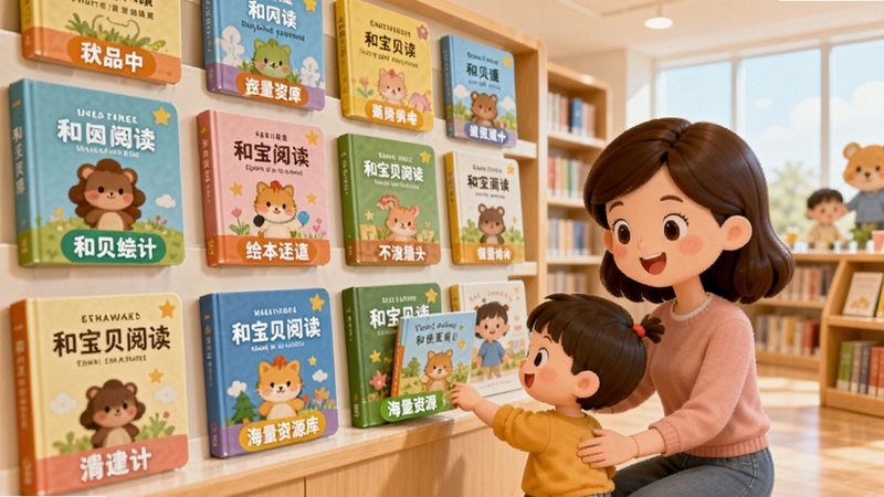 和宝贝阅读中英文绘本资源库界面,画面展示整齐排列的彩色绘本封面墙,每本书标注中英文标签,背景为明亮的图书馆风格,一位卡通妈妈带着孩子正在选书,画面温馨且富有教育气息,突出和宝贝阅读的海量资源特点