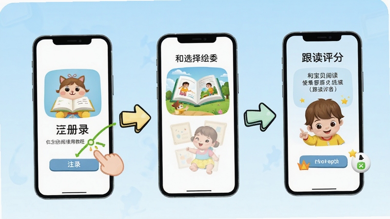 和宝贝阅读使用教程示意图,画面展示手机屏幕操作步骤,从注册登录到选择绘本再到跟读评分,分步骤以卡通箭头标注,背景为淡蓝色渐变,整体简洁易懂,突出和宝贝阅读的易用性