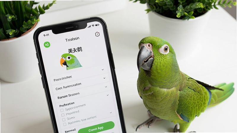 美鹦鹉App健康自查功能界面特写,画面中央为手机屏幕显示鹦鹉健康自查问卷,屏幕旁边有一只绿色鹦鹉歪头注视,背景为干净的白色桌面与绿植,风格简洁专业