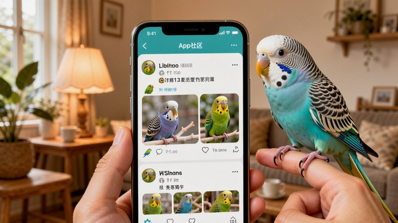 美鹦鹉App社区交流界面展示,画面中央为手机屏幕显示鹦鹉爱好者动态分享,屏幕旁有一只蓝色虎皮鹦鹉站在手指上,背景为温暖的室内环境,风格温馨自然