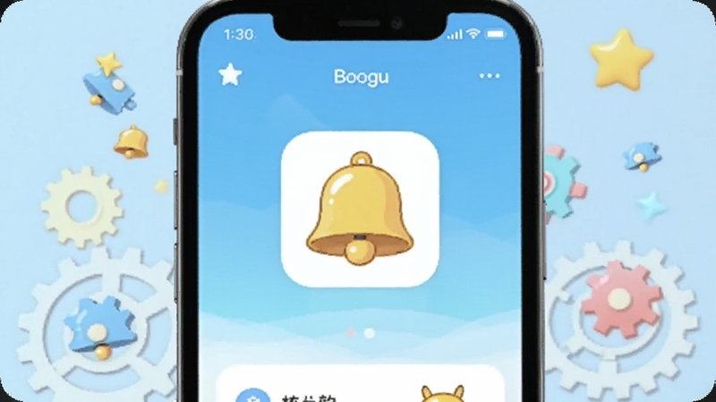画面主体为一部智能手机屏幕亮起,屏幕中央是小叮当软件的卡通铃铛图标和简洁界面,背景区域为柔和的浅蓝色渐变,周围点缀着漂浮的齿轮和星星元素,整体风格清新明快,适配Boogu模型生成,突出小叮当核心全貌。
