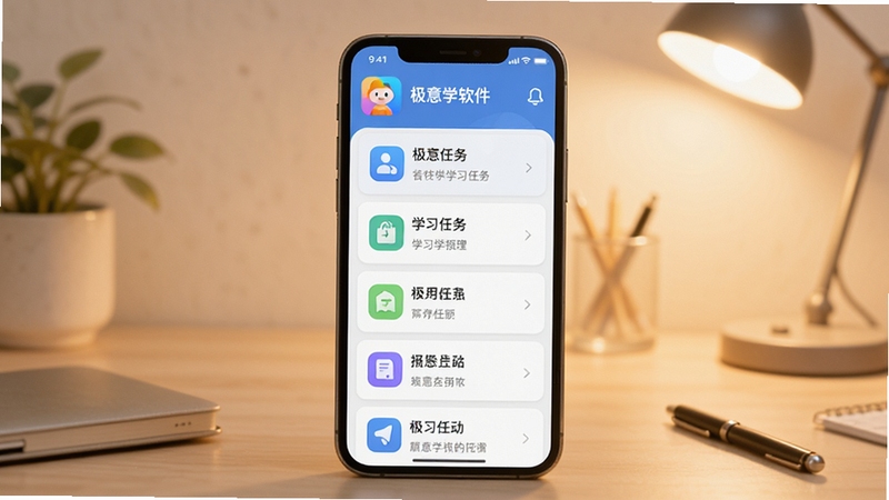 极意学软件主界面展示,画面中央为手机屏幕显示学习任务列表,背景为简约书桌场景,柔和暖光,扁平化设计风格,突出极意学应用图标与清爽布局