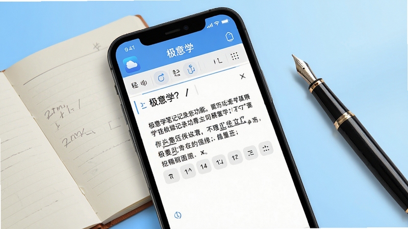 极意学笔记记录功能界面,手机屏幕展示富文本编辑状态,画面中有笔记本与钢笔元素点缀,背景为浅蓝色渐变,极意学应用界面清晰可见