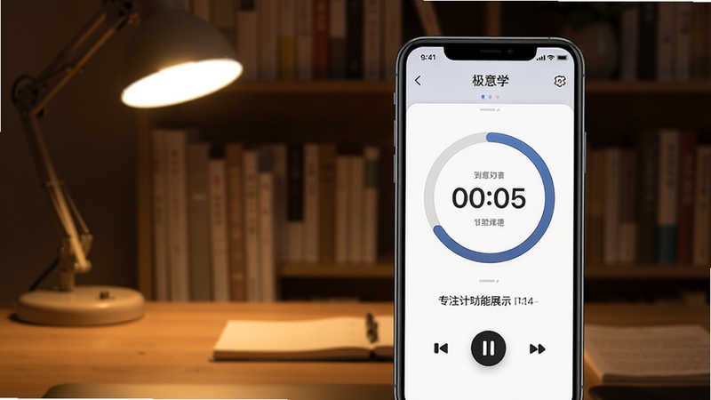 极意学专注计时功能展示,手机屏幕显示倒计时圆环与白噪音播放界面,背景为安静书房,暖色台灯照明,极意学软件界面突出