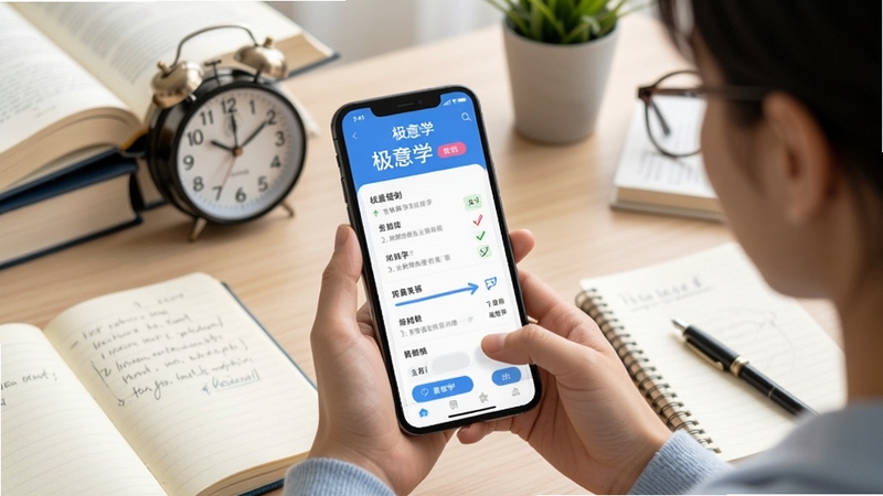 极意学学习场景概念图,画面展示用户使用手机进行学习规划,周围环绕书籍、时钟、笔记等元素,极意学应用界面在手机屏幕上清晰呈现,整体风格清新明快