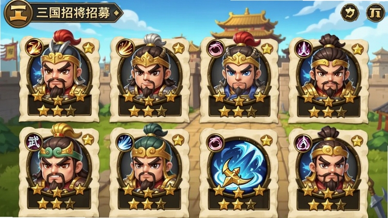 攻城三国游戏内武将招募界面,Q版三国名将排列展示,每位武将带有技能图标与星级标识,背景为古代城池,色彩鲜艳,适配Boogu模型生成
