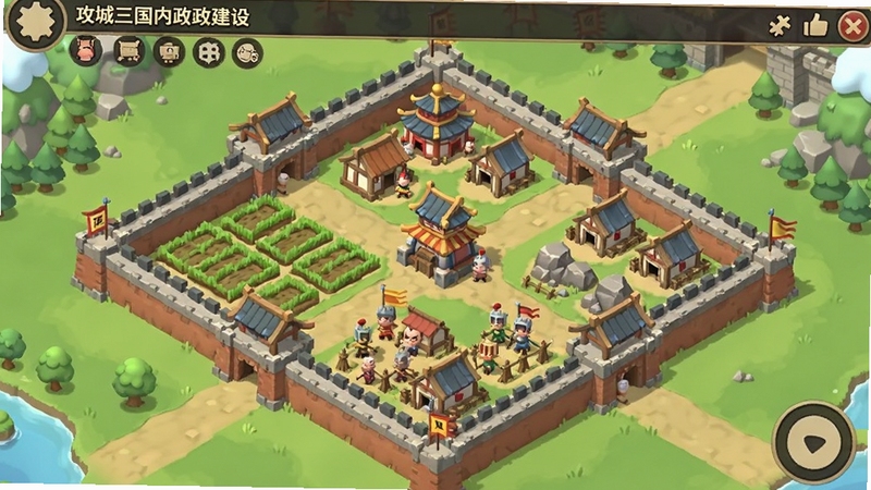 攻城三国内政建设界面,主城俯瞰视角,农田矿场兵营等建筑错落有致,界面简洁清晰,Q版三国美术风格,适配Boogu模型生成