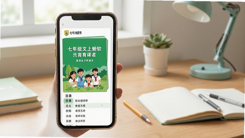 七年级语文上册软件首页界面展示,手机屏幕中呈现电子课本封面与目录列表,背景为整洁的书桌场景,柔和自然光,画面清晰明亮,突出教育学习氛围