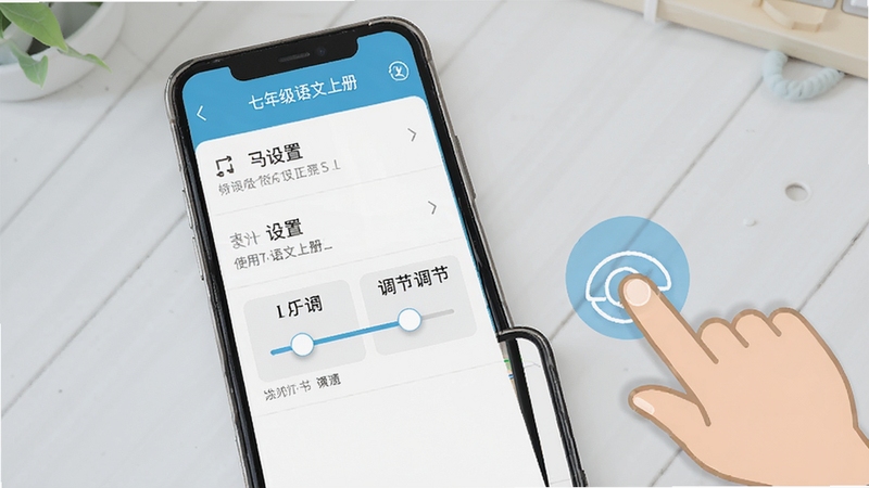 七年级语文上册使用操作示意图,手机屏幕显示设置菜单与字体调节滑块,旁边有手指点击的示意动画,背景为浅灰色桌面,整体风格简洁明快