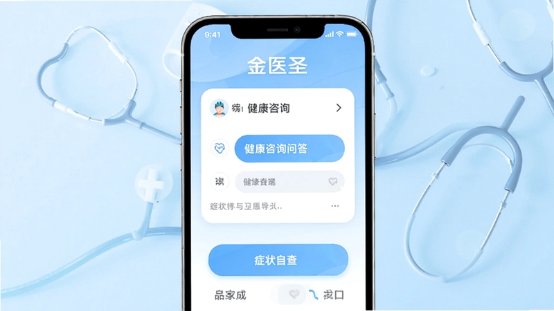 金医圣 应用主界面 手机屏幕中央展示健康咨询问答模块与症状自查入口 背景为浅蓝渐变医疗风格 画面干净整洁 适配Boogu模型生成